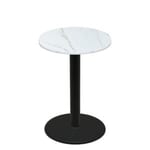 36" Round Thermoform Calcutta Marble Quick Ship Table + Black Bar Height 30" Disc Base