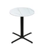 42" Round Thermoform Calcutta Marble Quick Ship Table + Black Bar Height 36" x 36" Cross Base