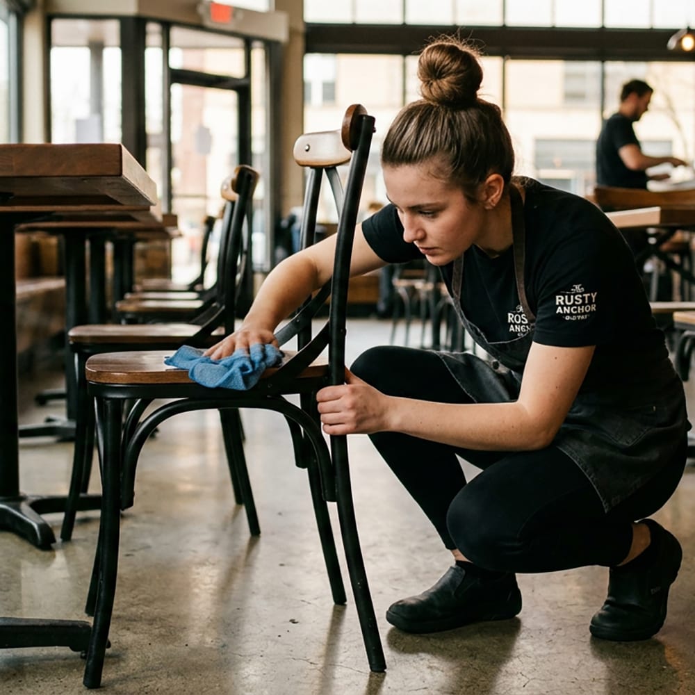Restaurant staff member wiping down and inspecting a dining chair