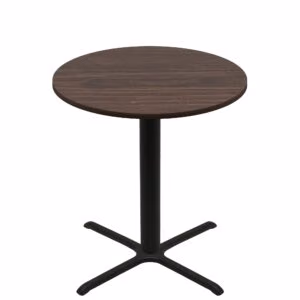 48" Round Two-Sided Oak/Walnut Quick Ship Table - Walnut Up + Black Bar Height 36" x 36" Cross Base