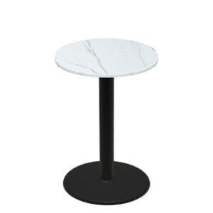 36" Round Thermoform Calcutta Marble Quick Ship Table + Black Bar Height 30" Disc Base