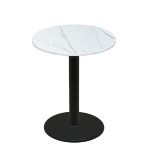 42" Round Thermoform Calcutta Marble Quick Ship Table + Black Bar Height 30" Disc Base