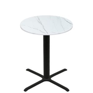 42" Round Thermoform Calcutta Marble Quick Ship Table + Black Bar Height 36" x 36" Cross Base