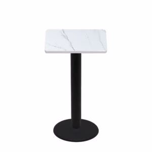 30" x 30" Thermoform Calcutta Marble Quick Ship Table + Black Bar Height 22" Disc Base