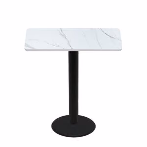 30" x 48" Thermoform Calcutta Marble Quick Ship Table + Black Bar Height 22" Disc Base