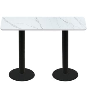 30" x 72" Thermoform Calcutta Marble Quick Ship Table + (2) Black Bar Height 22" Disc Bases