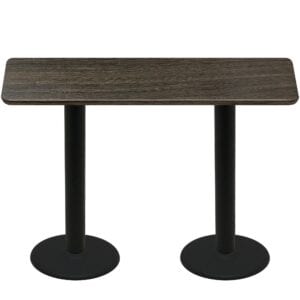 30" x 72" Thermoform Dark Walnut Quick Ship Table + (2) Black Bar Height 22" Disc Bases