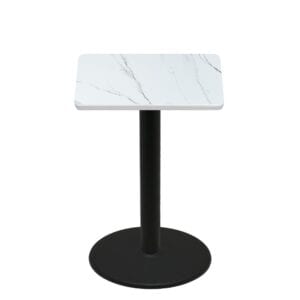 36" x 36" Thermoform Calcutta Marble Quick Ship Table + Black Bar Height 30" Disc Base
