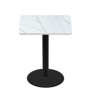 42" x 42" Thermoform Calcutta Marble Quick Ship Table + Black Bar Height 30" Disc Base