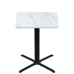 42" x 42" Thermoform Calcutta Marble Quick Ship Table + Black Bar Height 36" x 36" Cross Base