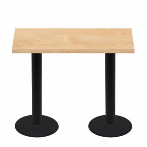 30" x 60" Woodland Clear Coat Finish Quick Ship Table + (2) Black Bar Height 22" Disc Bases