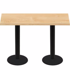 30" x 72" Woodland Clear Coat Finish Quick Ship Table + (2) Black Bar Height 22" Disc Bases