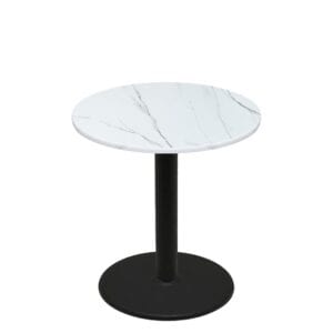 42" Round Thermoform Calcutta Marble Quick Ship Table + Black Counter Height 30" Disc Base