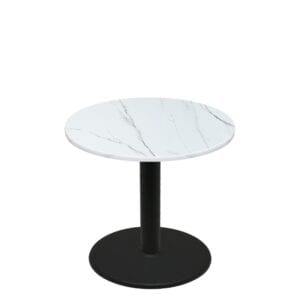 42" Round Thermoform Calcutta Marble Quick Ship Table + Black Standard Height 30" Disc Base