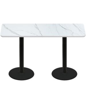 30" x 72" Thermoform Calcutta Marble Quick Ship Table + (2) Black Counter Height 22" Disc Bases