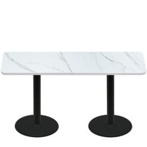 30" x 72" Thermoform Calcutta Marble Quick Ship Table + (2) Black Standard Height 22" Disc Bases