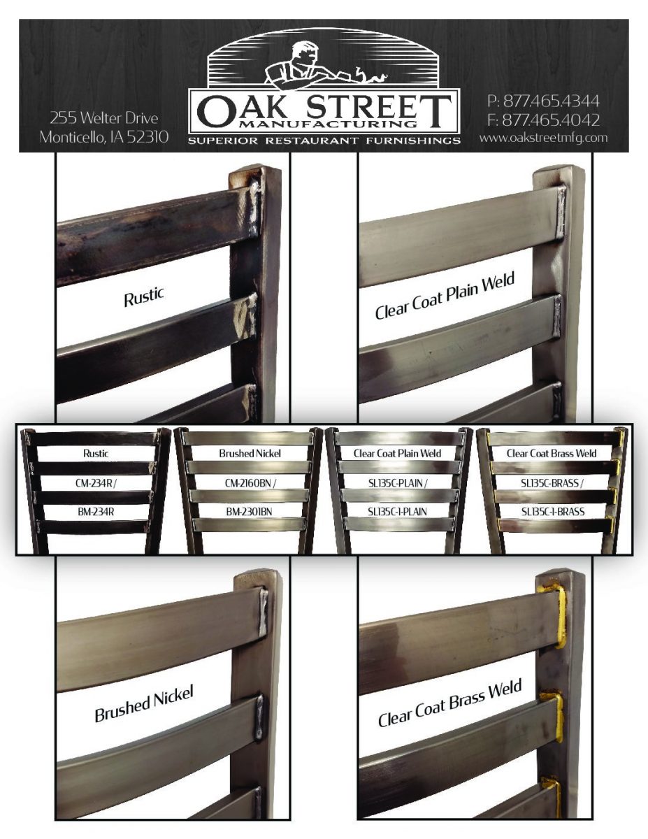 Oak Street Ladderback variations Rustic Brushed Nickel Clear Coat Plain Weld Clear Coat Brass Weld rev 0521 pdf