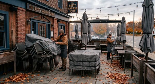 Restaurant outdoor patio furniture being covered or stored ahead of a season change