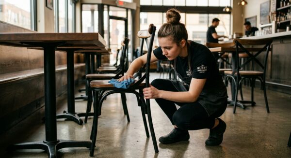 Restaurant staff member wiping down and inspecting a table base or chair