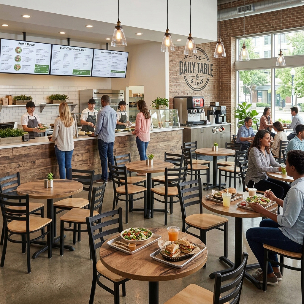 Oak Street black metal ladder-back restaurant chairs with natural wood seats and round wood-top pedestal tables in a fast casual dining room