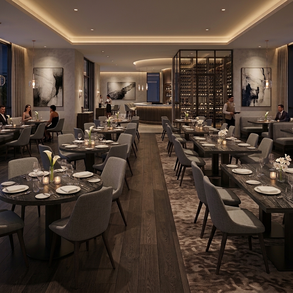 Oak Street gray upholstered dining chairs and dark wood restaurant tables in a fine dining room with booth seating and a glass wine wall