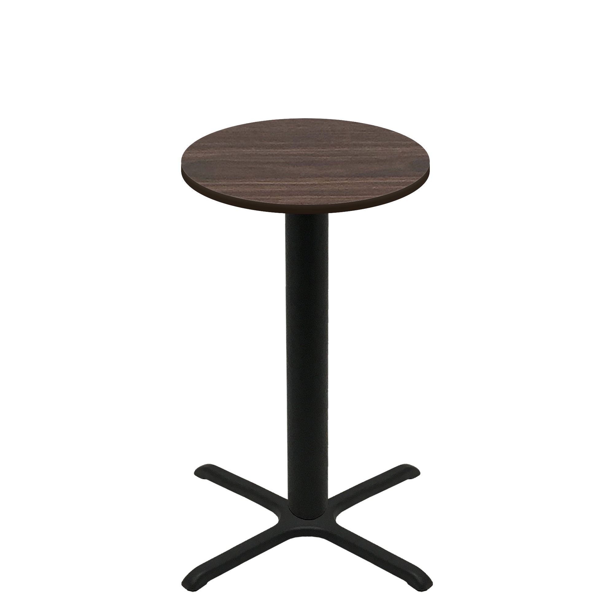 30" Round Two-Sided Oak/Walnut Quick Ship Table - Walnut Up + Black Bar Height 30" x 30" Cross Base