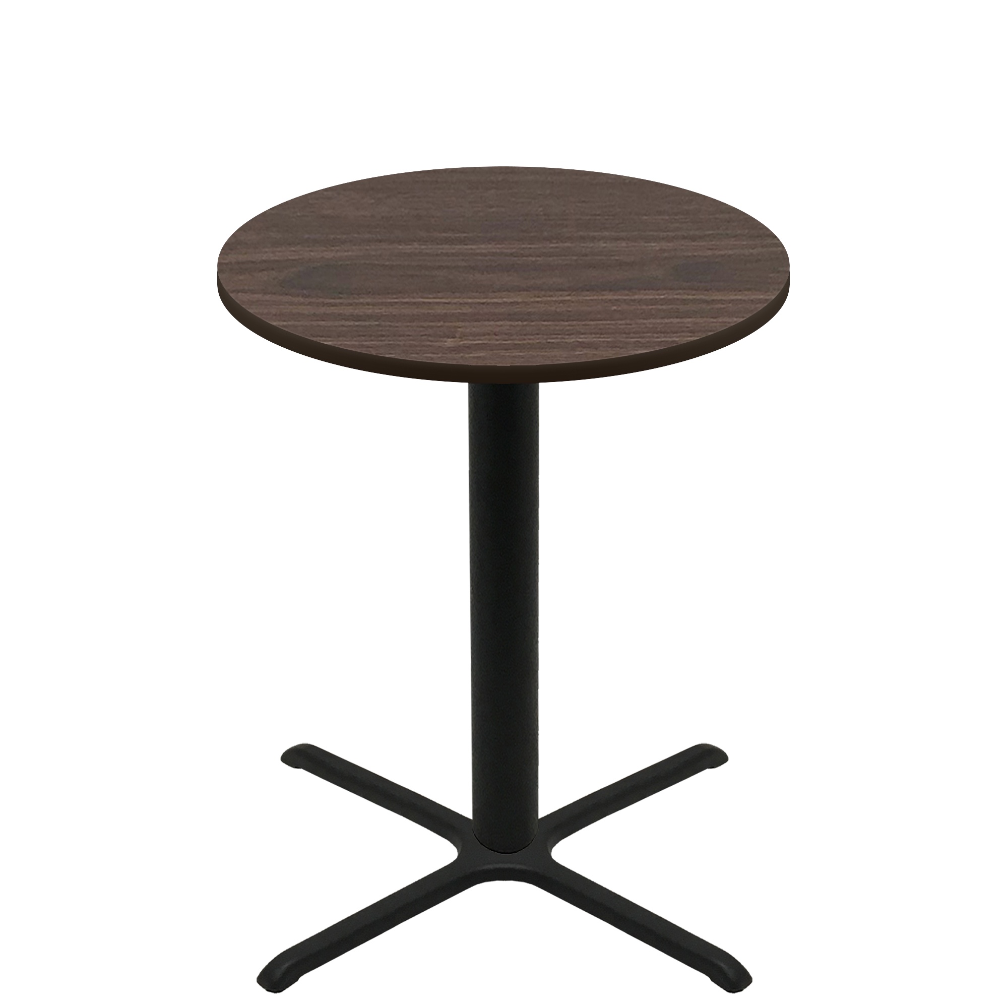 42" Round Two-Sided Oak/Walnut Quick Ship Table - Walnut Up + Black Bar Height 36" x 36" Cross Base