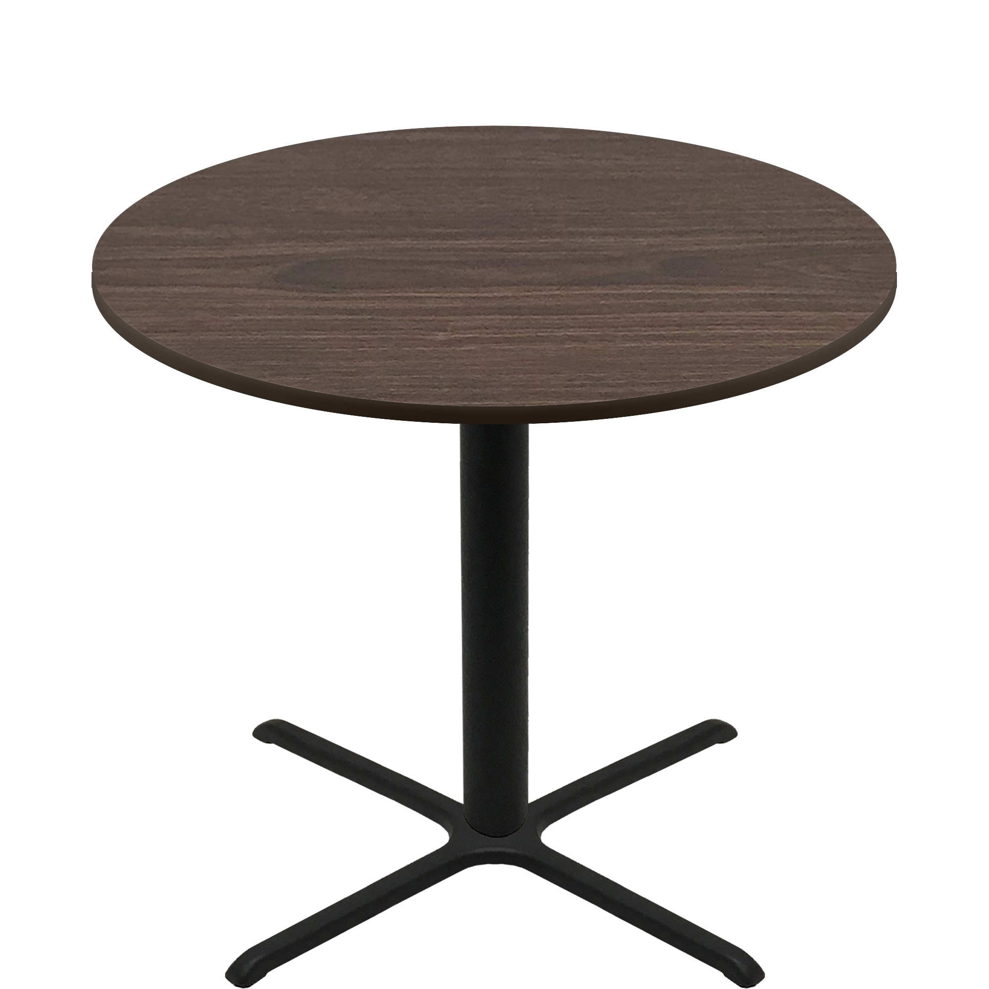 60" Round Two-Sided Oak/Walnut Quick Ship Table - Walnut Up + Black Bar Height 40" x 40" Cross Base
