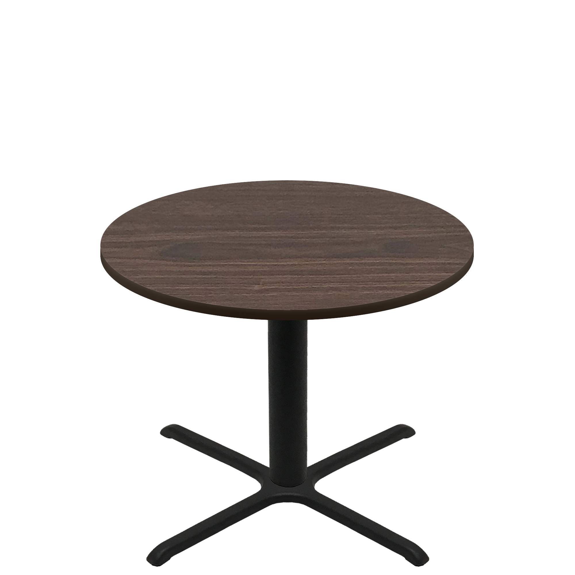 48" Round Two-Sided Oak/Walnut Quick Ship Table - Walnut Up + Black Standard Height 36" x 36" Cross Base