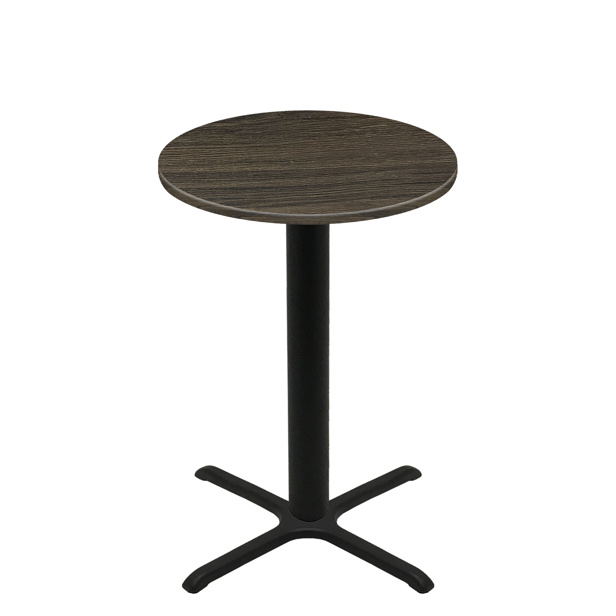 36" Round Thermoform Dark Walnut Quick Ship Table + Black Bar Height 30" x 30" Cross Base