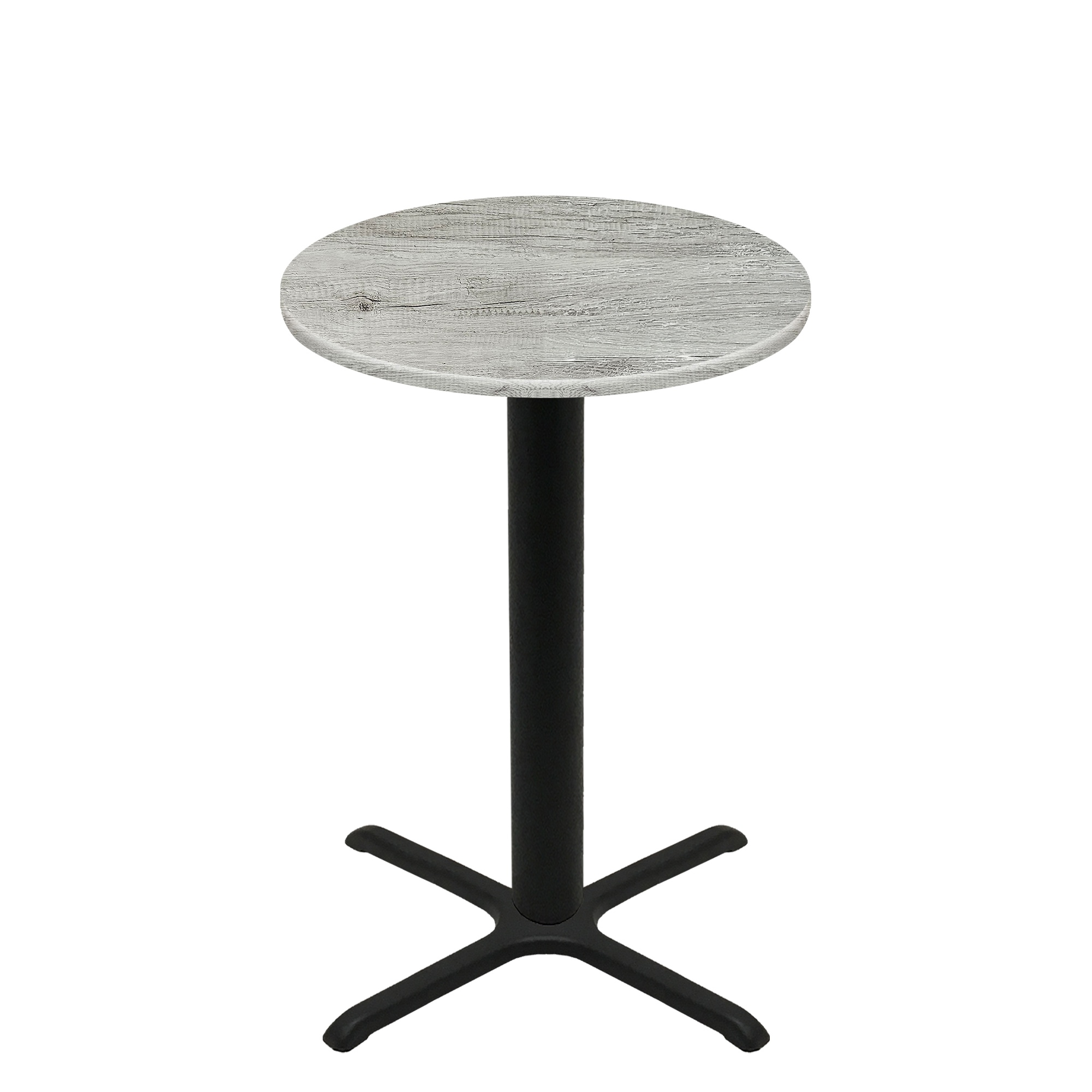 36" Round Thermoform Gray Barn Board Quick Ship Table + Black Bar Height 30" x 30" Cross Base