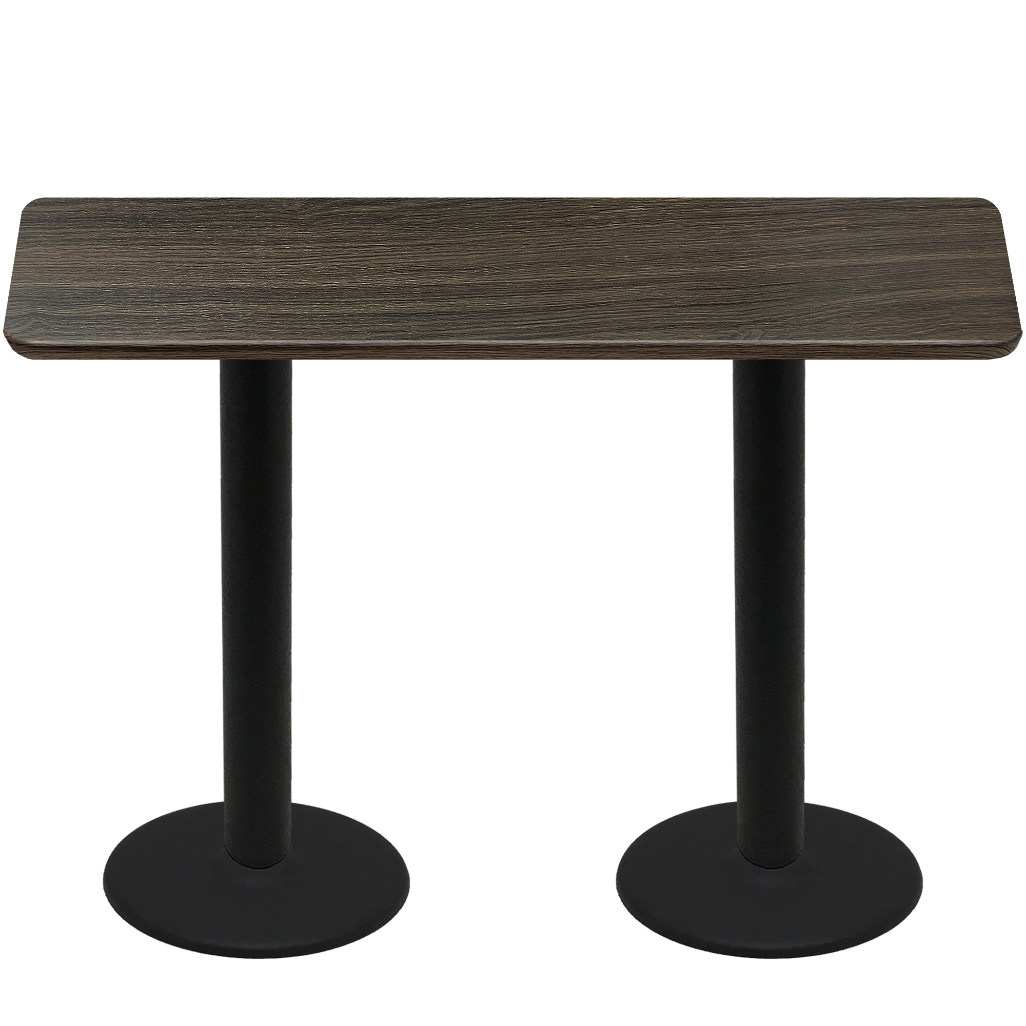 30" x 72" Thermoform Dark Walnut Quick Ship Table + (2) Black Bar Height 22" Disc Bases