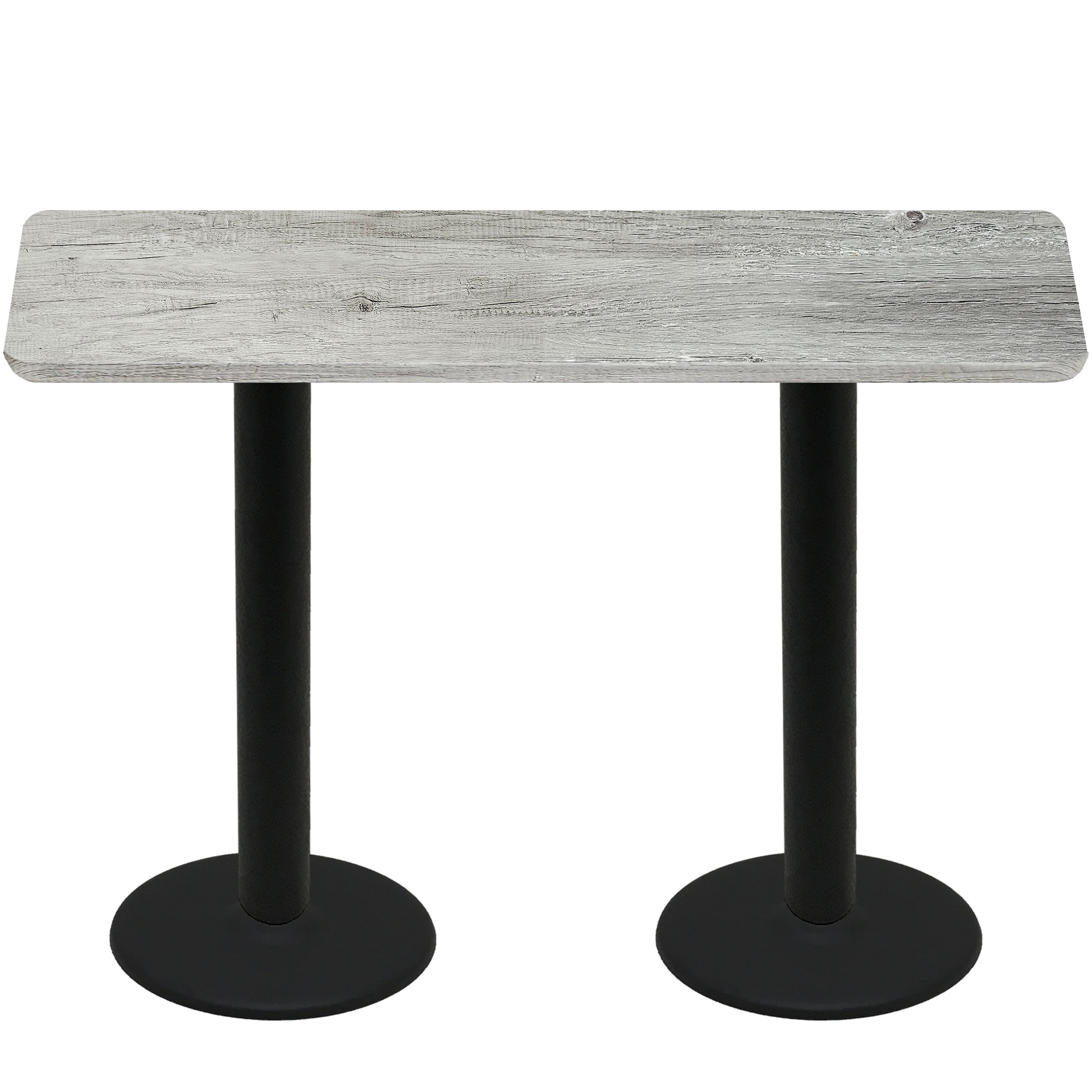 30" x 72" Thermoform Gray Barn Board Quick Ship Table + (2) Black Bar Height 22" Disc Bases