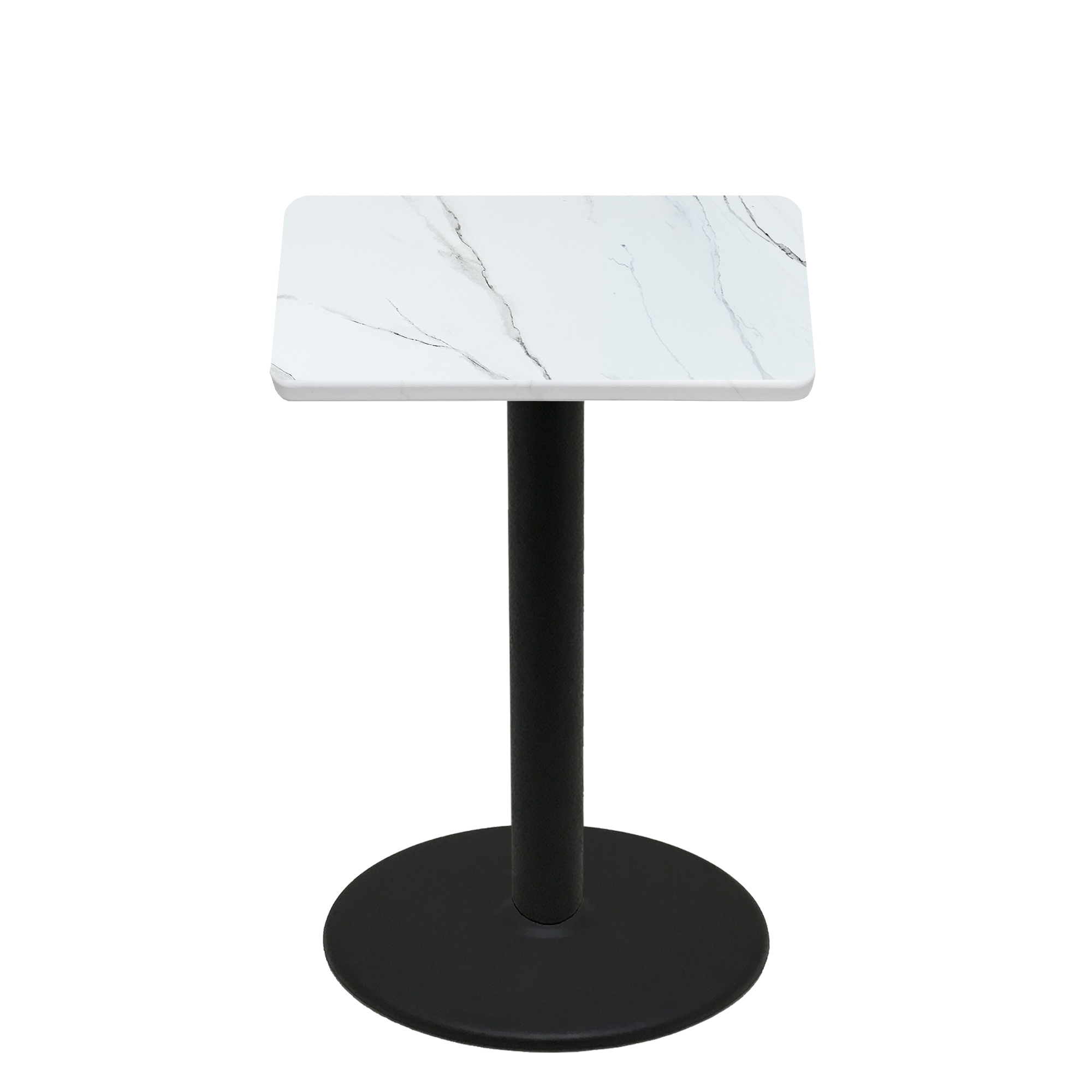 36" x 36" Thermoform Calcutta Marble Quick Ship Table + Black Bar Height 30" Disc Base