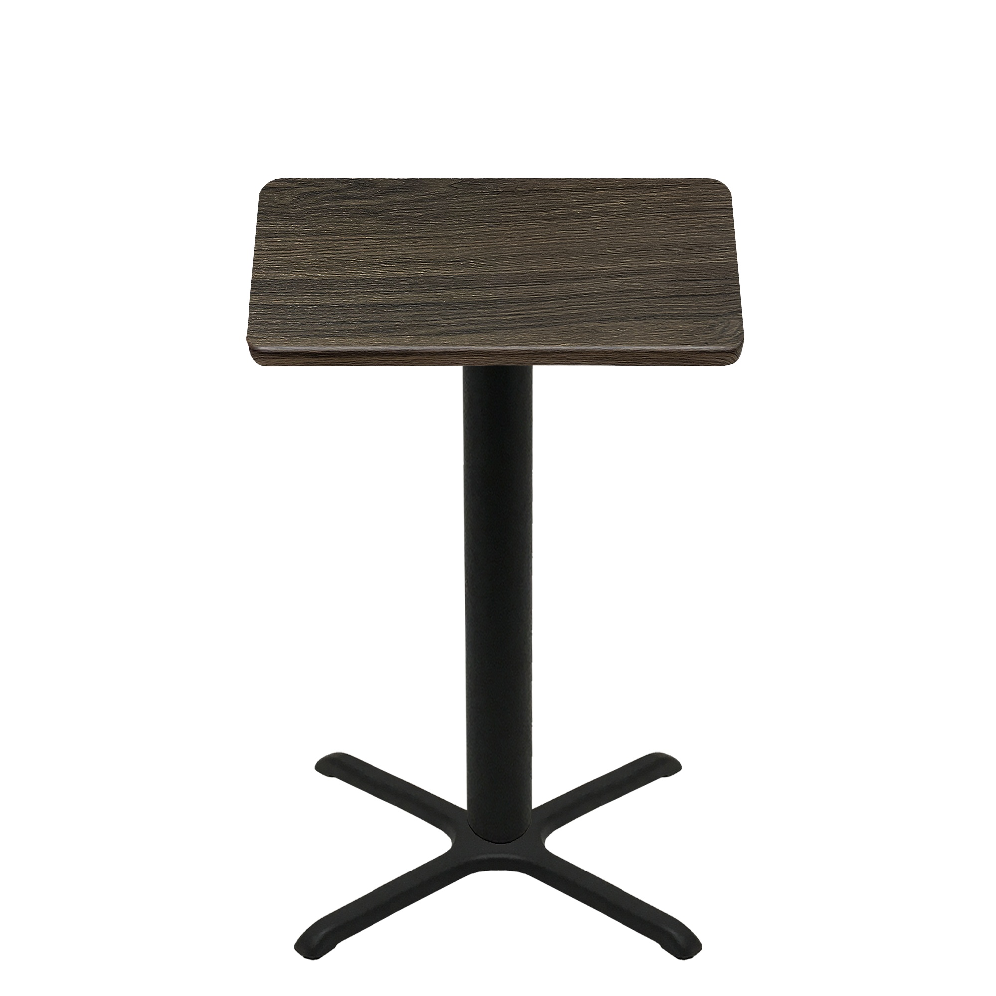 36" x 36" Thermoform Dark Walnut Quick Ship Table + Black Bar Height 30" x 30" Cross Base