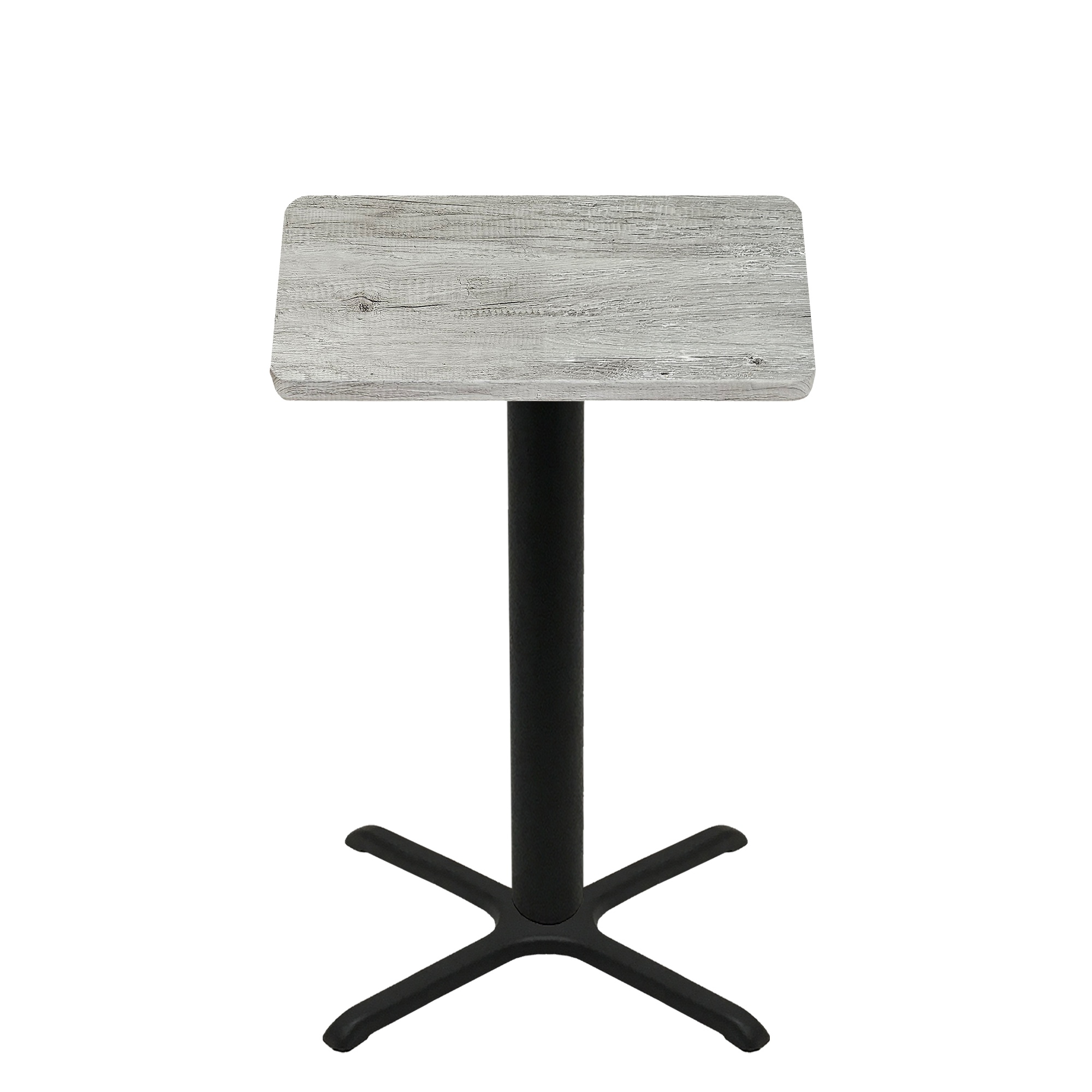 36" x 36" Thermoform Gray Barn Board Quick Ship Table + Black Bar Height 30" x 30" Cross Base