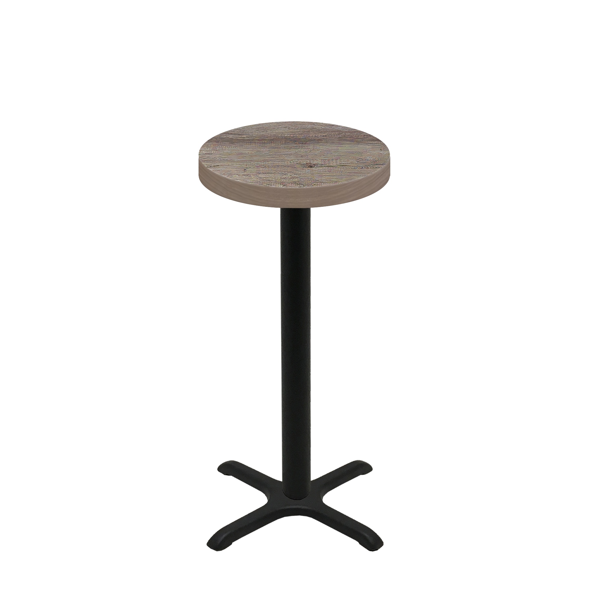 24" Round Urban Weathered Barnwood Quick Ship Table + Black Bar Height 22" x 22" Cross Base