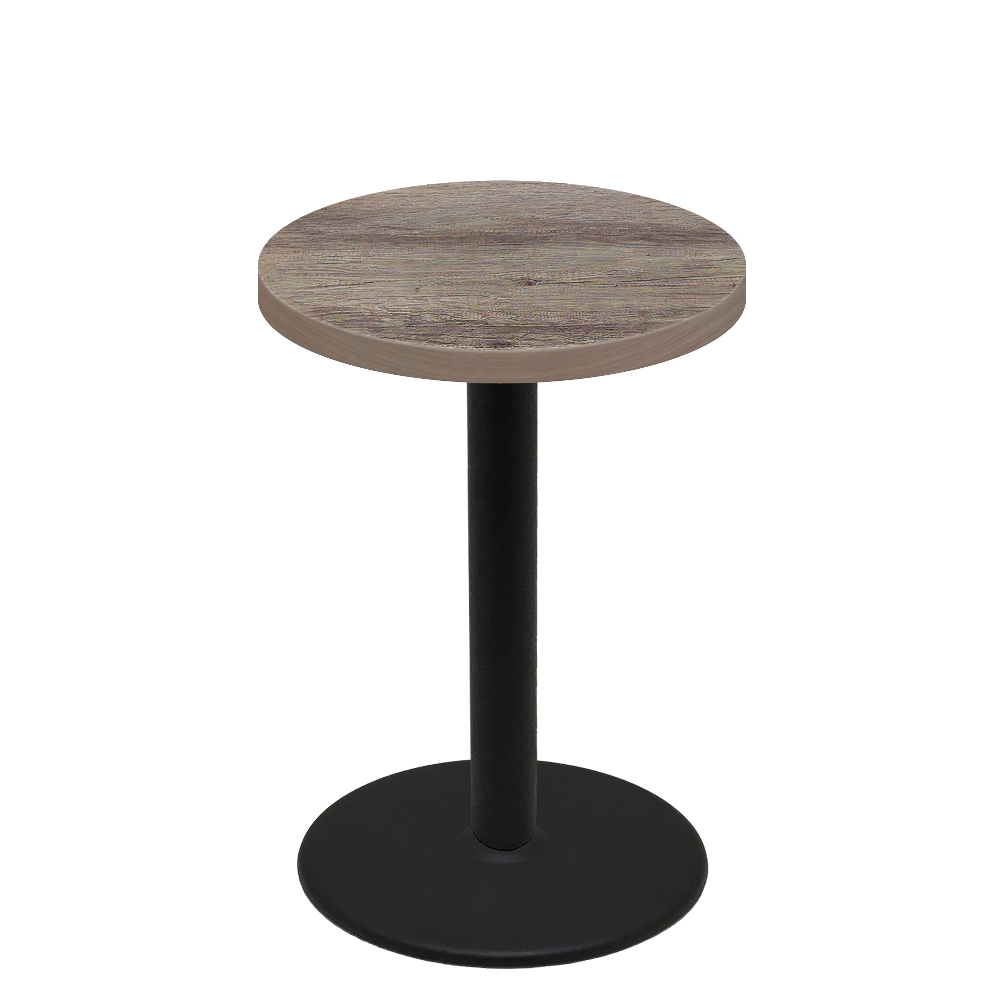36" Round Urban Weathered Barnwood Quick Ship Table + Black Bar Height 30" Disc Base