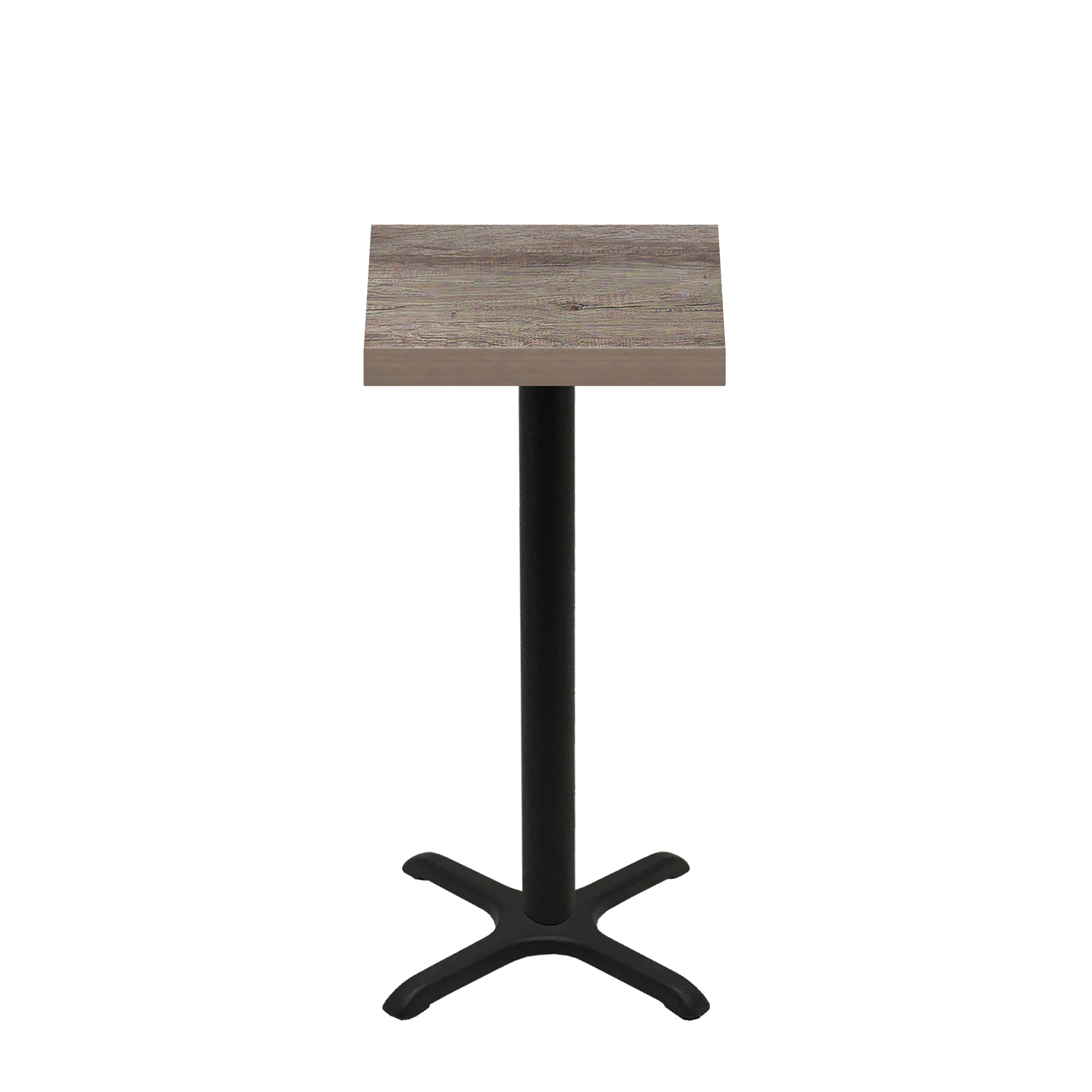 24" x 24" Urban Weathered Barnwood Quick Ship Table + Black Bar Height 22" x 22" Cross Base