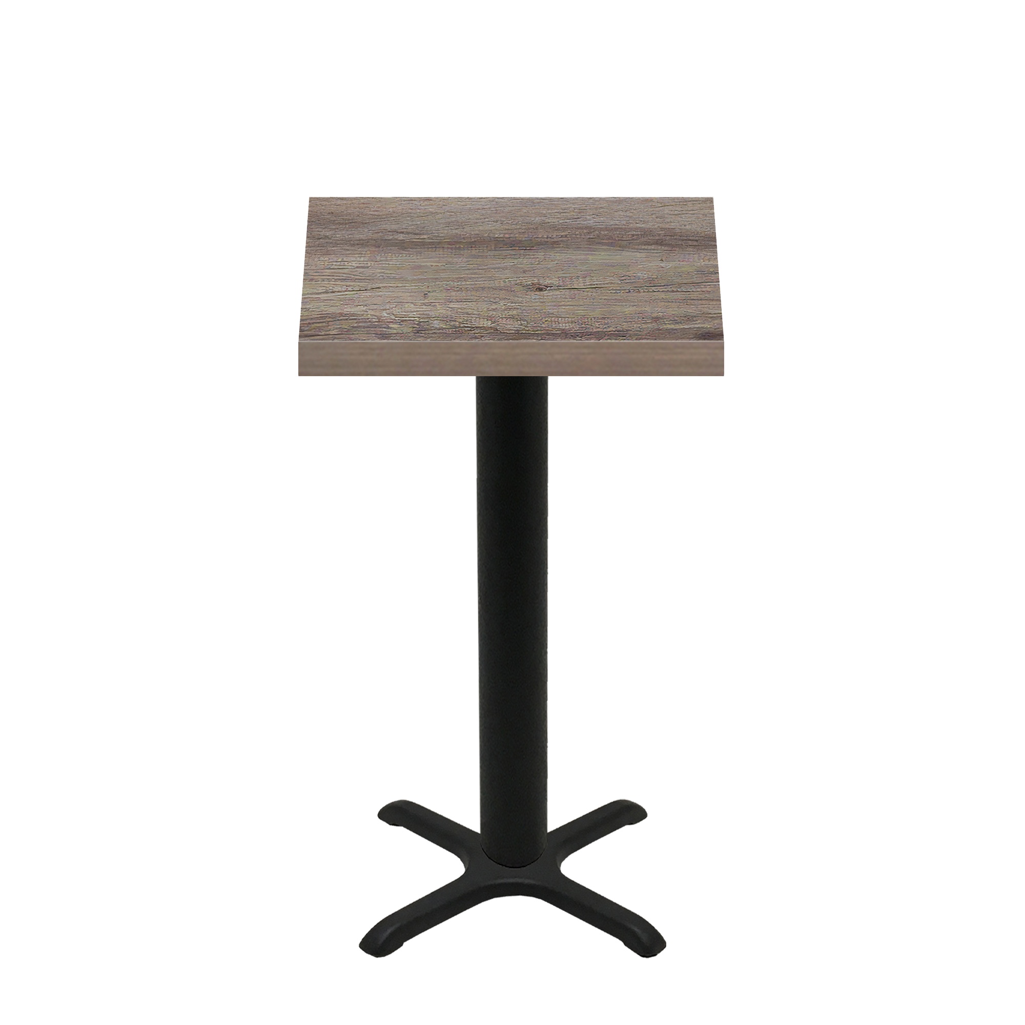 30" x 30" Urban Weathered Barnwood Quick Ship Table + Black Bar Height 22" x 22" Cross Base