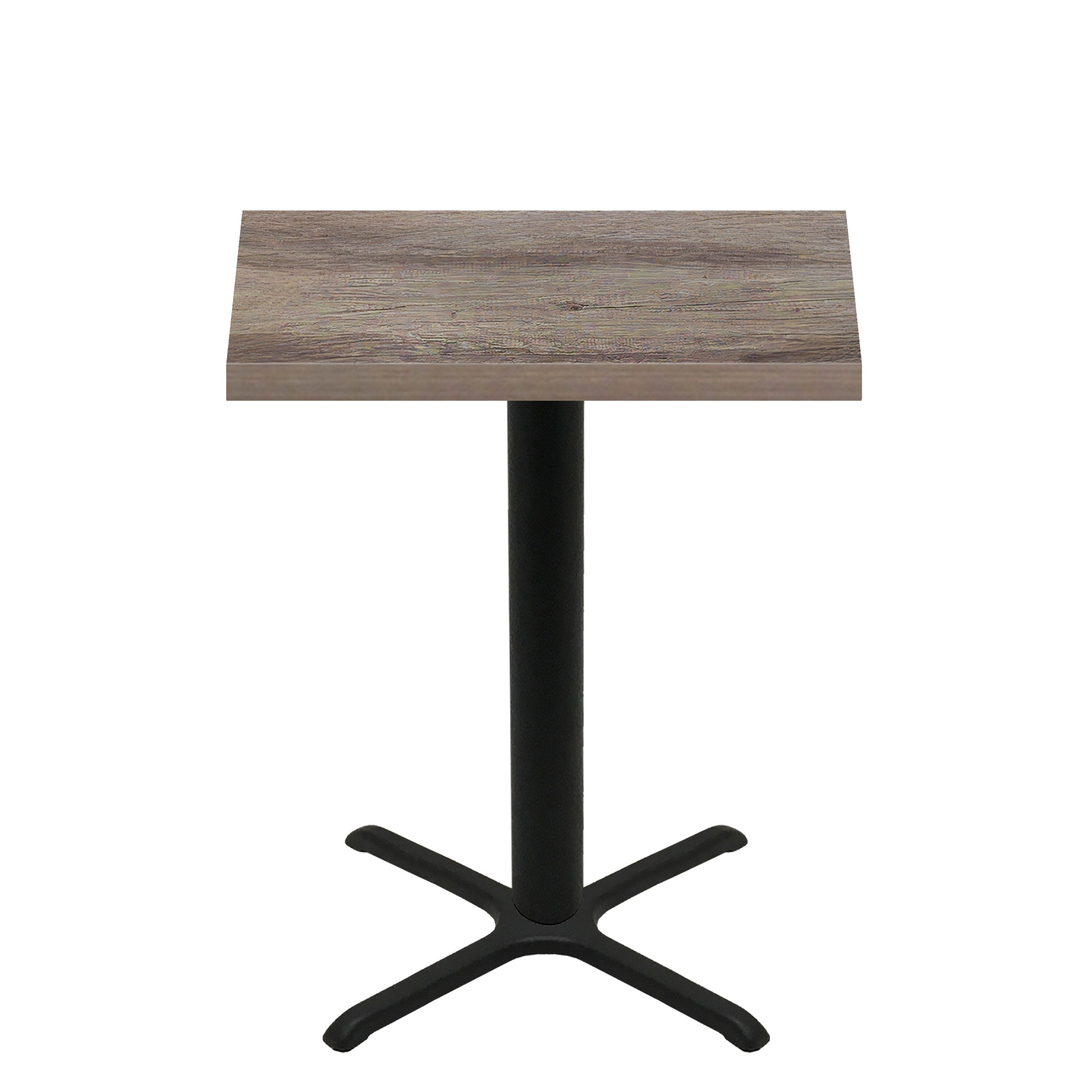 30" x 42" Urban Weathered Barnwood Quick Ship Table + Black Bar Height 30" x 30" Cross Base