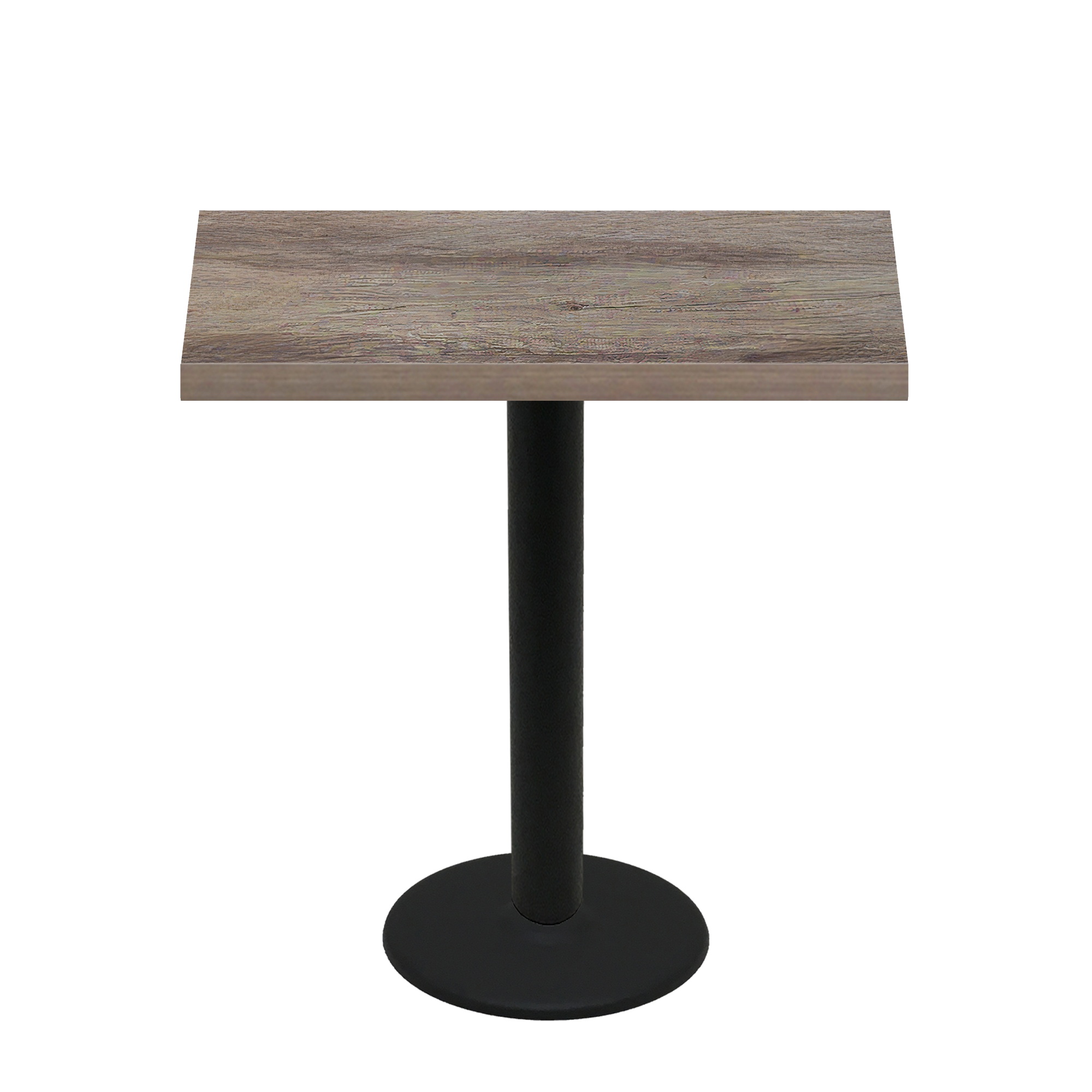 30" x 48" Urban Weathered Barnwood Quick Ship Table + Black Bar Height 22" Disc Base