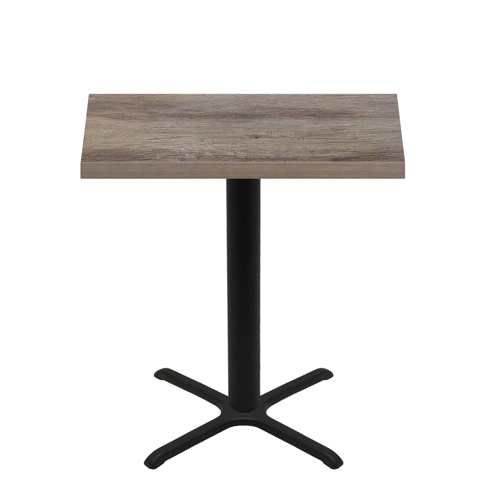 30" x 48" Urban Weathered Barnwood Quick Ship Table + Black Bar Height 30" x 30" Cross Base