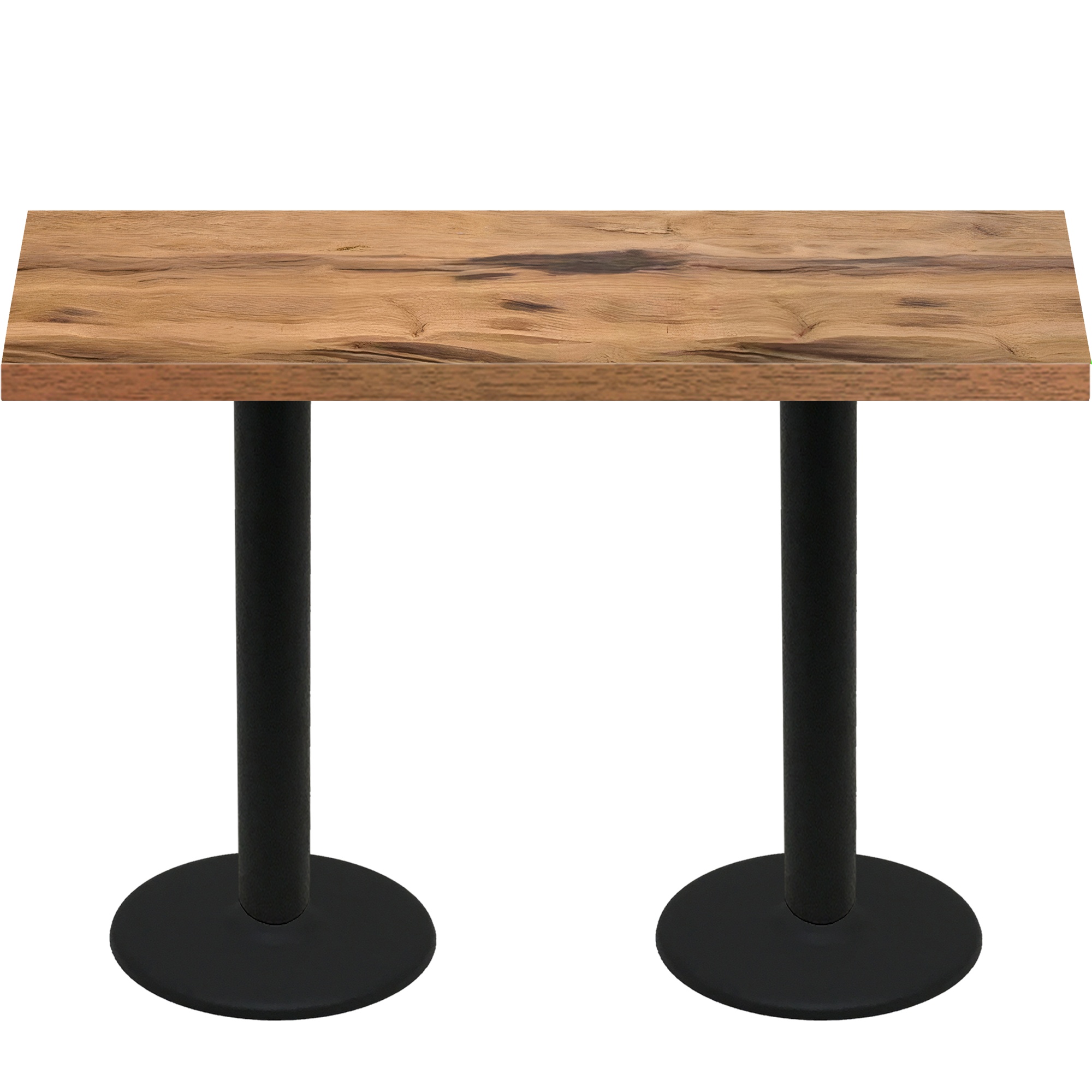 30" x 72" Urban Natural Heartwood Quick Ship Table + (2) Black Bar Height 22" Disc Bases