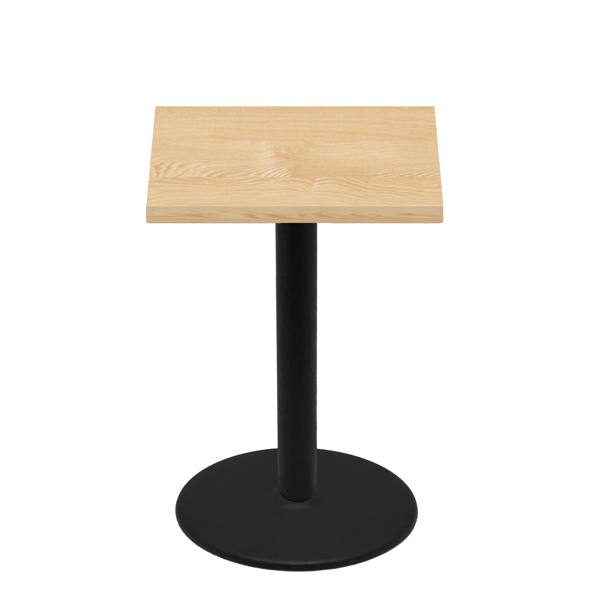 36" x 36" Woodland Clear Coat Finish Quick Ship Table + Black Bar Height 30" Disc Base