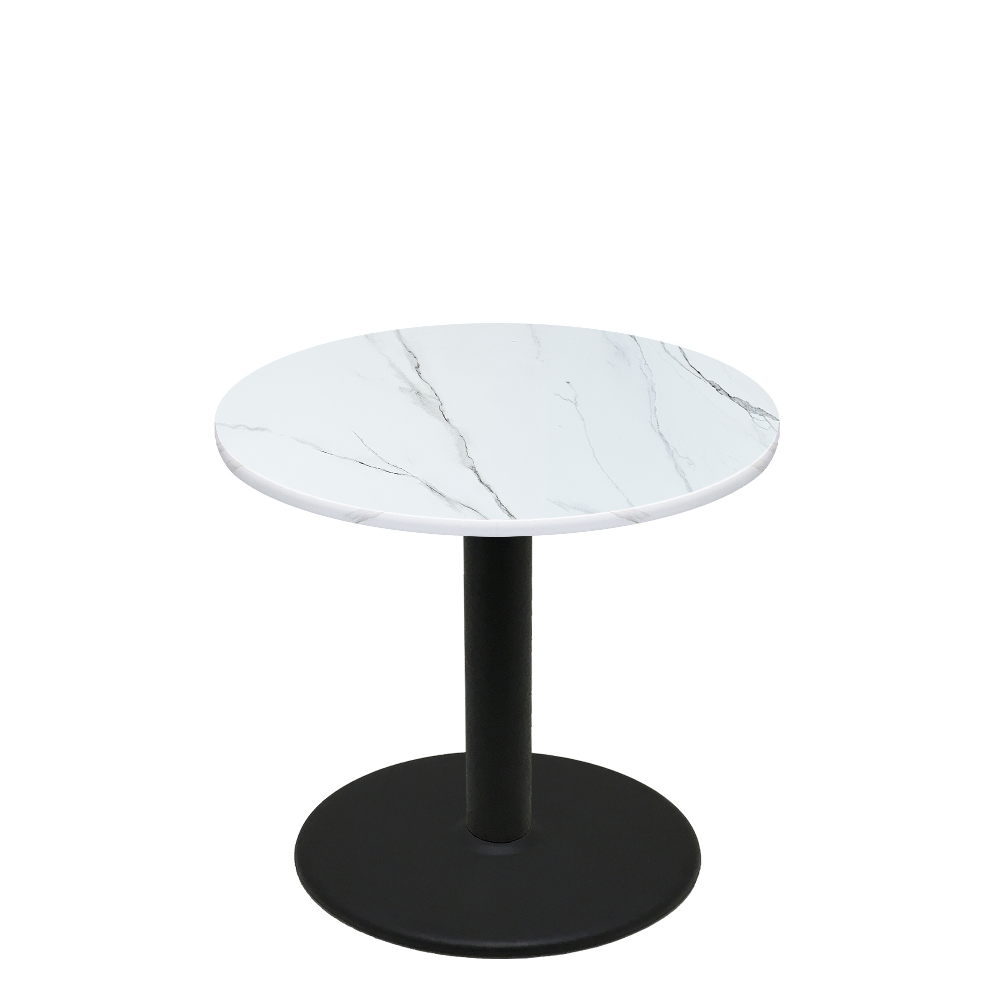 42" Round Thermoform Calcutta Marble Quick Ship Table + Black Standard Height 30" Disc Base