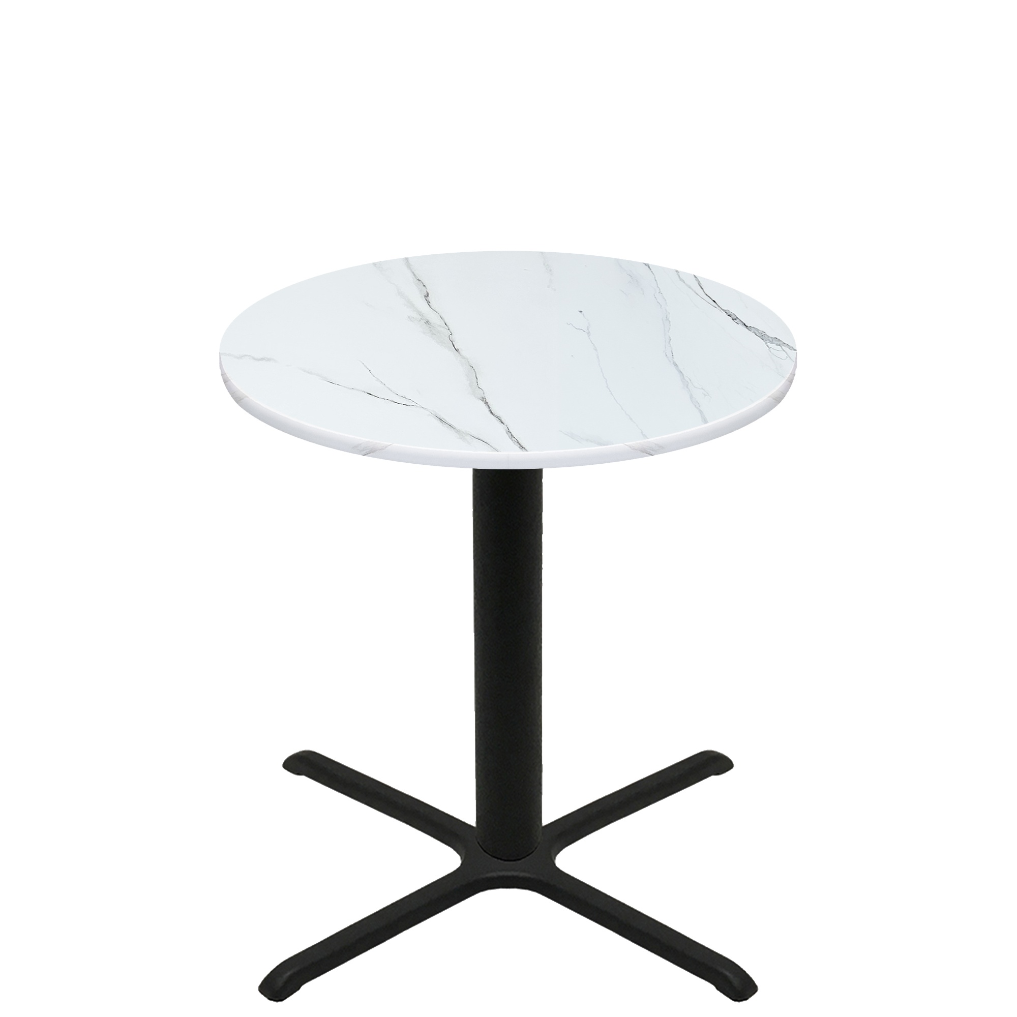 42" Round Thermoform Calcutta Marble Quick Ship Table + Black Counter Height 36" x 36" Cross Base