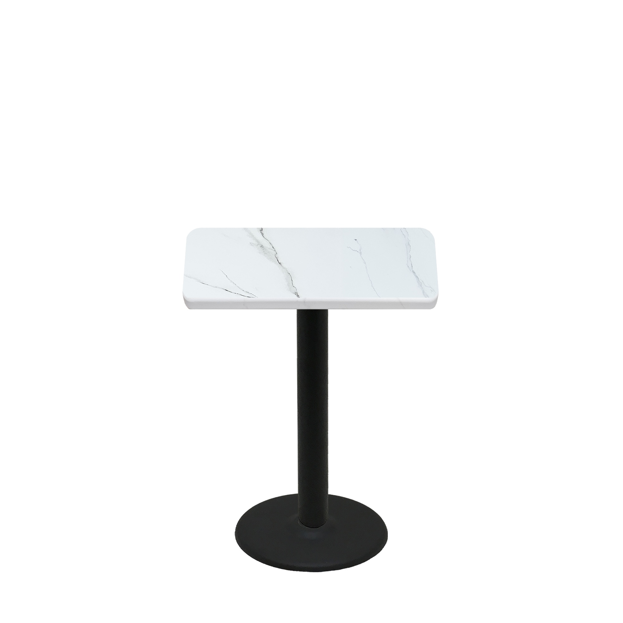 24" x 30" Thermoform Calcutta Marble Quick Ship Table + Black Standard Height 18" Disc Base