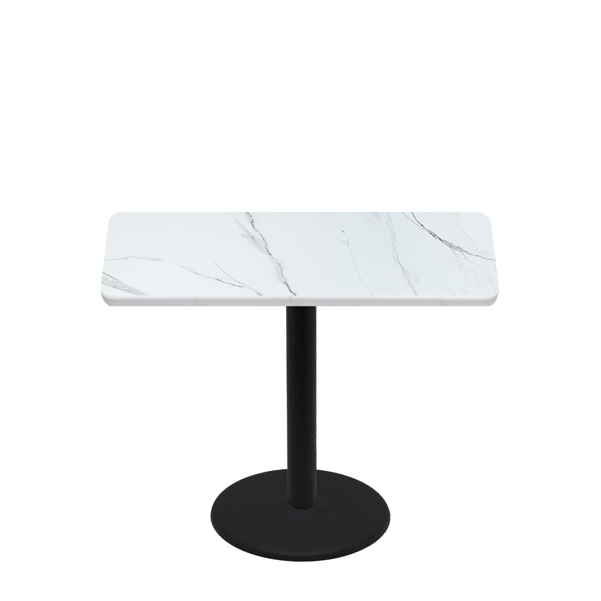 30" x 48" Thermoform Calcutta Marble Quick Ship Table + Black Standard Height 22" Disc Base