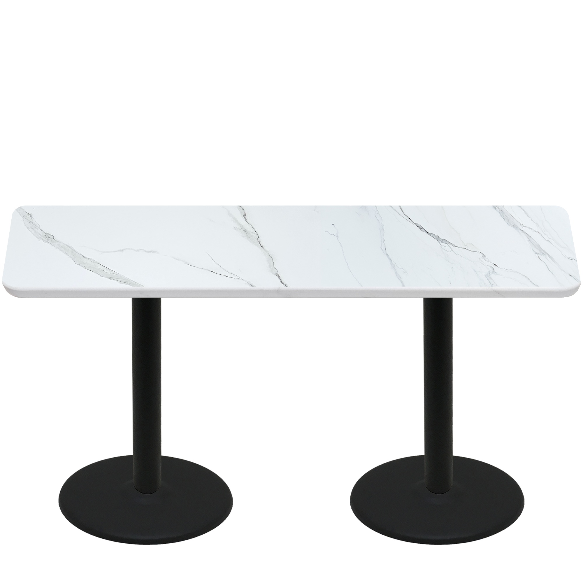 30" x 72" Thermoform Calcutta Marble Quick Ship Table + (2) Black Standard Height 22" Disc Bases
